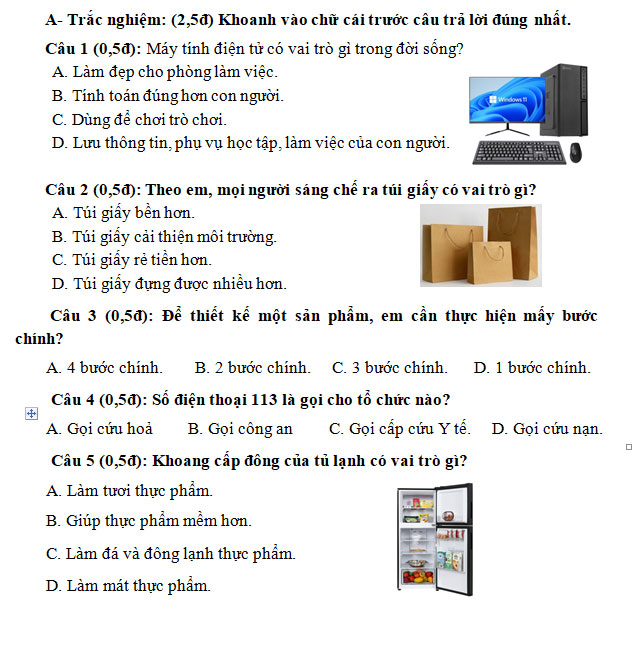 Đề thi cuối kì I Công nghệ lớp 5
